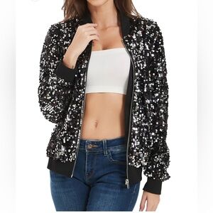 Anna-Kaci Womens Sequin Sparkle Long Sleeve Zip Jacket Black/Silver SZ SM